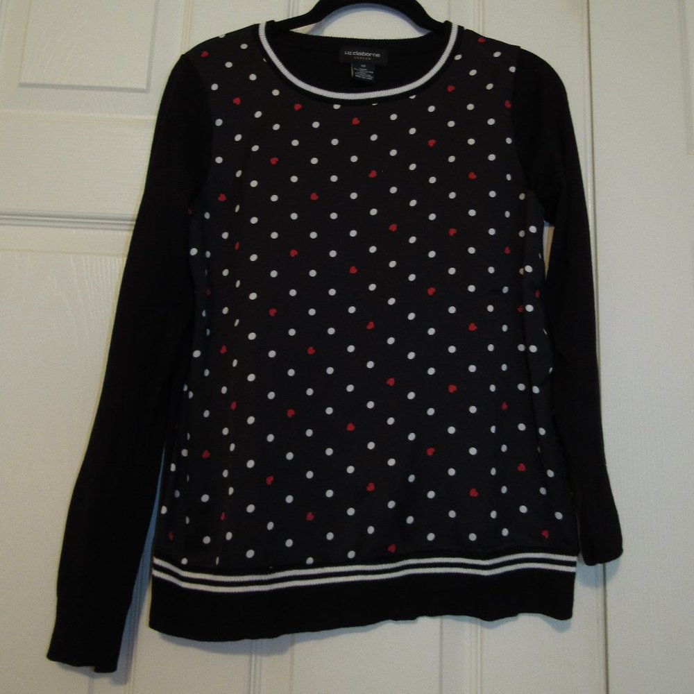 Liz Claiborne Career Long Sleeve XS Black w/Heart & Polka Dots Sweater